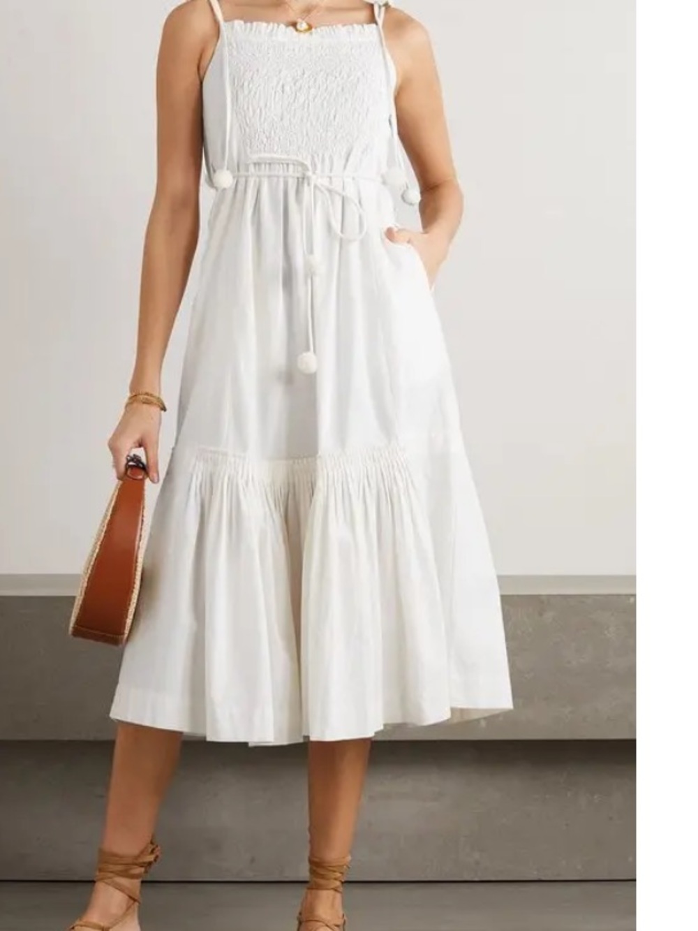 Sea New York  cream Smocked Midi Sundress with Tie Waist